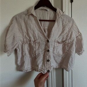 Zara Linen Button-Up Cropped Shirt